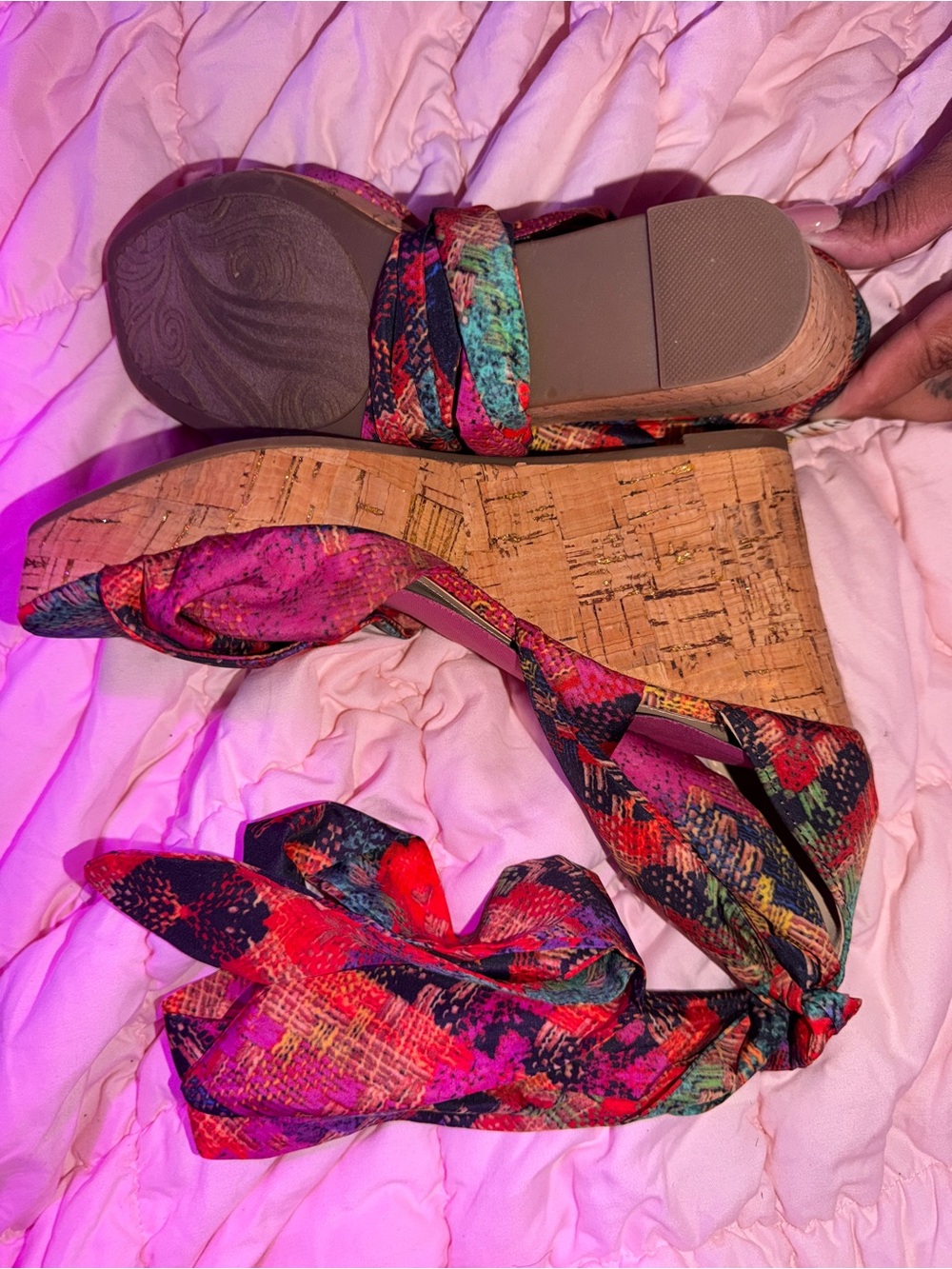 Wedge Sandals with Multicolor Fabric Wrap